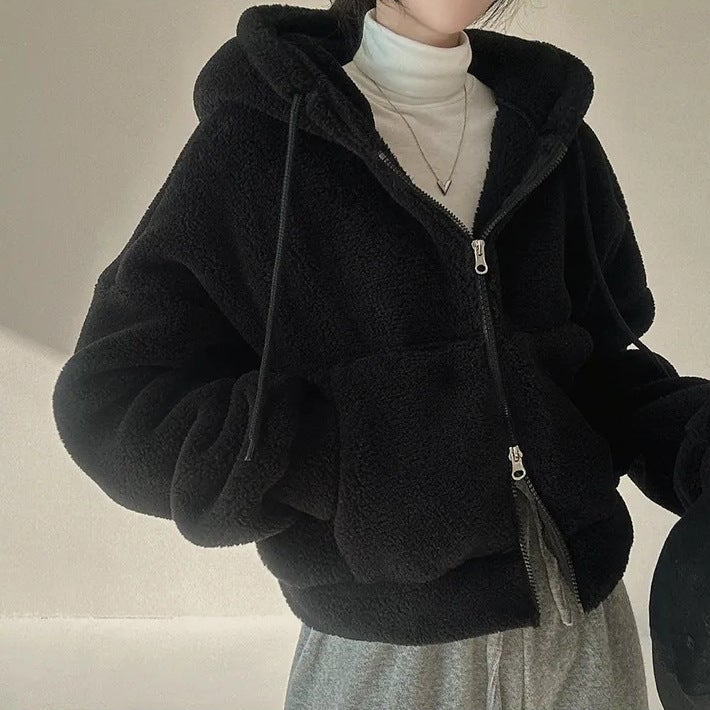 Trendy Lamb Fur Jacket Womens Autumn Winter Thickened Hooded Zipper Short Style Korean Version Open Cardigan Sweatshirt 2023 5211A White  - Image 5