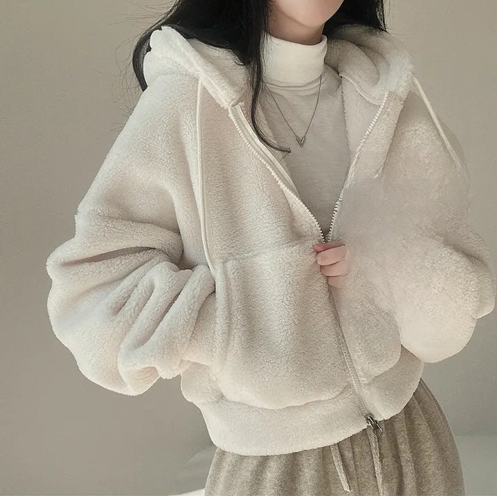 Trendy Lamb Fur Jacket Womens Autumn Winter Thickened Hooded Zipper Short Style Korean Version Open Cardigan Sweatshirt 2023 5211A White  - Image 4