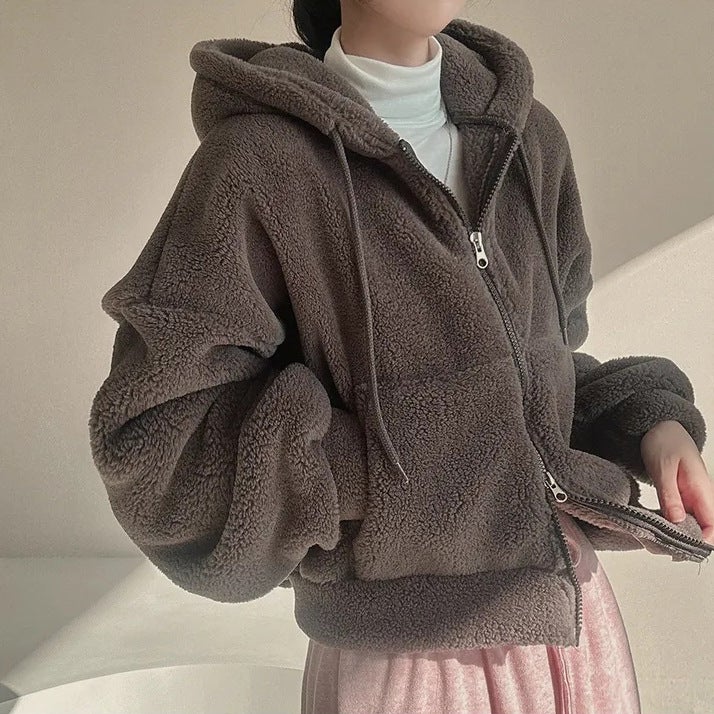 Trendy Lamb Fur Jacket Womens Autumn Winter Thickened Hooded Zipper Short Style Korean Version Open Cardigan Sweatshirt 2023 5211A White  - Image 2