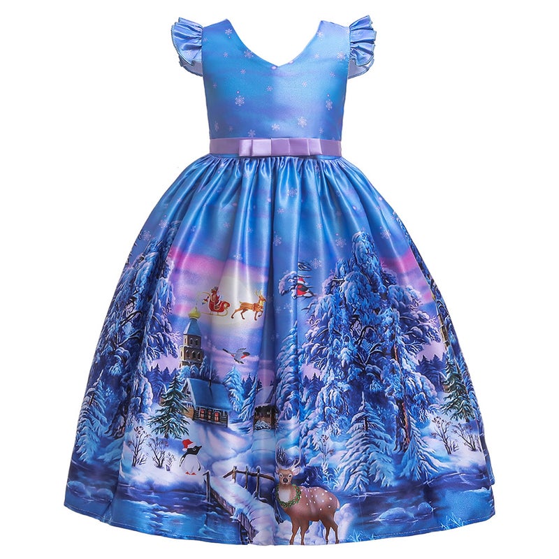 Santa Claus Snowflake Cartoon Print Dress Childrens Dress Long Dress Princess dress Christmas Performance Dress SD055-Blue