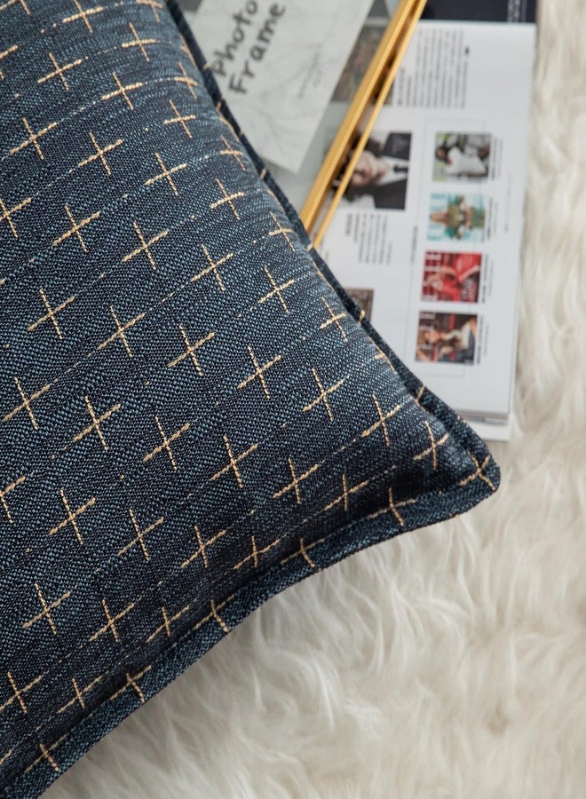 Mandioo Set of 2 Linen Cushion Covers Woven Texture Farmhouse Modern Decorative Living Room Sofa Bedroom Bed 30 x 50 cm Dark Blue - Image 2