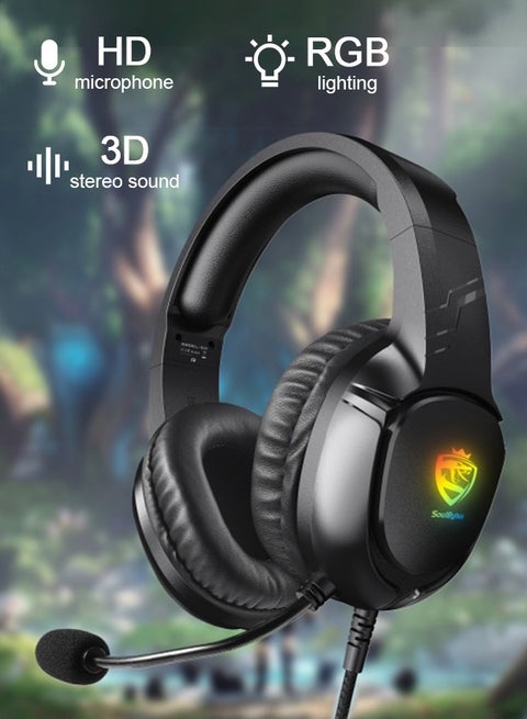 Gaming Headset Wired with Mic, LED Light, Stereo Surround Sound, Soft Memory Earmuffs, Noise Cancelling Over-Ear - Compatible for PS4, PS5, Xbox One, Xbox Series, Nintendo Switch, PC