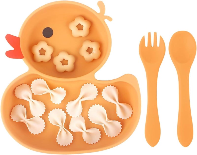 Qshare 3-Piece Silicone Suction Cup Plate for Babies with Spoon and Fork, Baby Weaning Feeding Set, 100% BPA-Free, Dishwasher and Microwave Safe (Yellow) - Image 1
