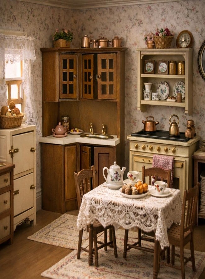 KH866 1/12 Scale Dollhouse Kitchen Cabinets - Miniature Wooden Storage Pantry with Sink, Mini Modern for Corner Cooking Furniture Kitchen Accessories for Doll House Restaurant Decoration, Brown - Image 3