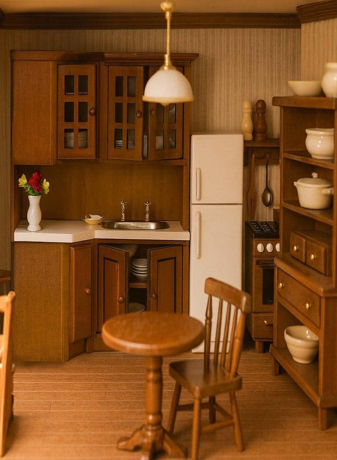 KH866 1/12 Scale Dollhouse Kitchen Cabinets - Miniature Wooden Storage Pantry with Sink, Mini Modern for Corner Cooking Furniture Kitchen Accessories for Doll House Restaurant Decoration, Brown - Image 4