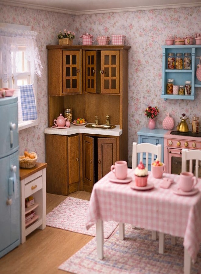KH866 1/12 Scale Dollhouse Kitchen Cabinets - Miniature Wooden Storage Pantry with Sink, Mini Modern for Corner Cooking Furniture Kitchen Accessories for Doll House Restaurant Decoration, Brown - Image 5