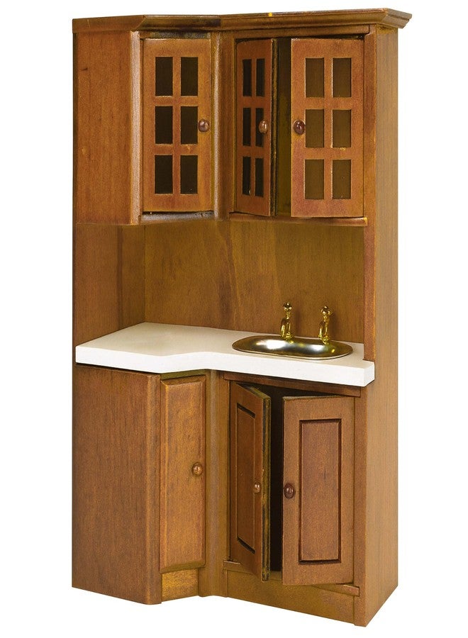 KH866 1/12 Scale Dollhouse Kitchen Cabinets - Miniature Wooden Storage Pantry with Sink, Mini Modern for Corner Cooking Furniture Kitchen Accessories for Doll House Restaurant Decoration, Brown - Image 1