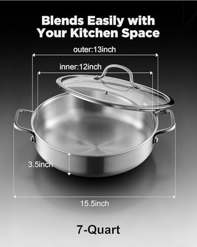 VEDNHOL Saute Pan with Lid, 12 Inch 7QT Tri-Ply Stainless Steel Braiser Pan, Deep Frying Pan & Chef Skillet, Induction Compatible Cookware, Dishwasher & Oven Safe, Works on Gas and Ceramic Cooktops - Image 3