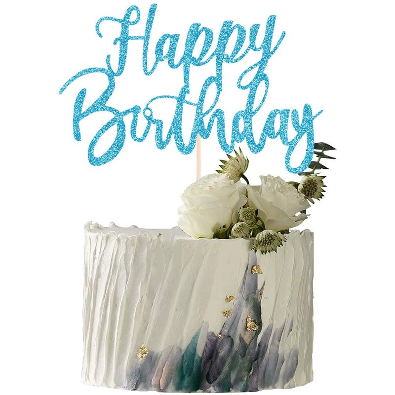 YUINYO Handmade Glitter happy birthday Cake Topper  Happy Birthday Cake Bunting Decor Birthday Party Decoration Supplies (Blue) - Image 1