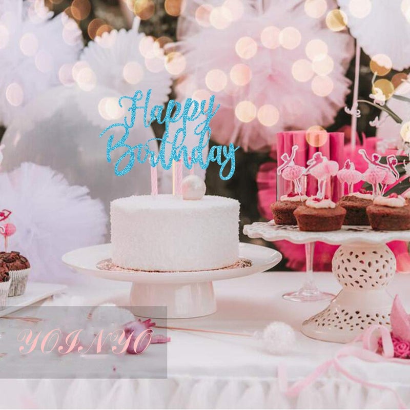 YUINYO Handmade Glitter happy birthday Cake Topper  Happy Birthday Cake Bunting Decor Birthday Party Decoration Supplies (Blue) - Image 3
