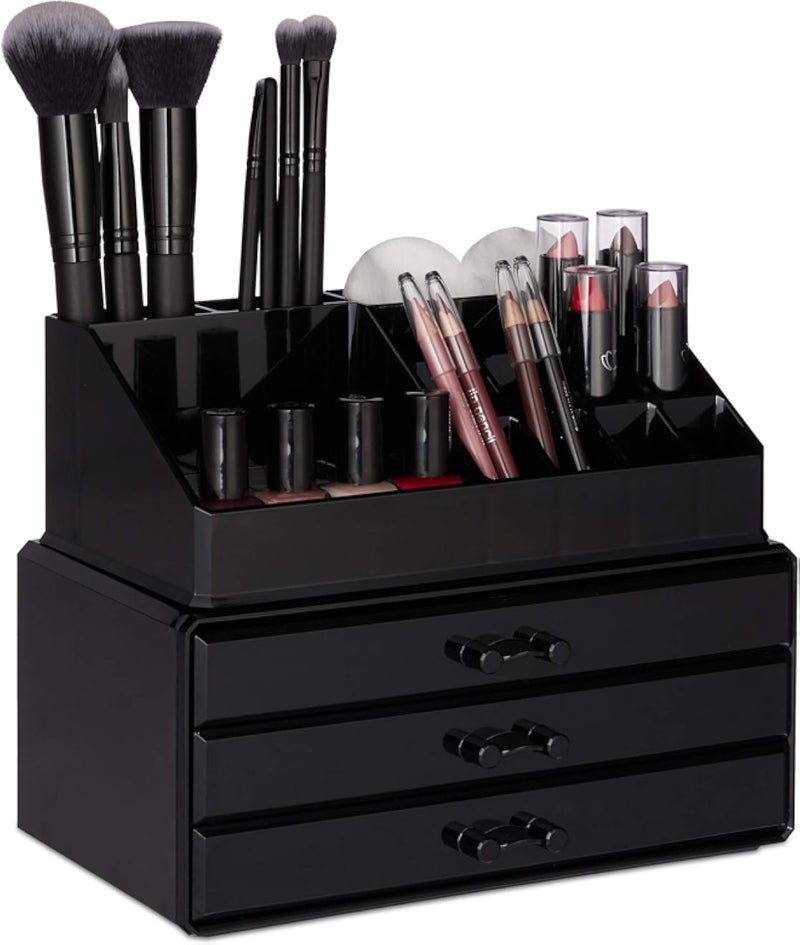 Relaxdays Small Makeup Organizer, 2-Piece Cosmetics Storage with Drawers, Stackable Makeup Shelf, Transparent