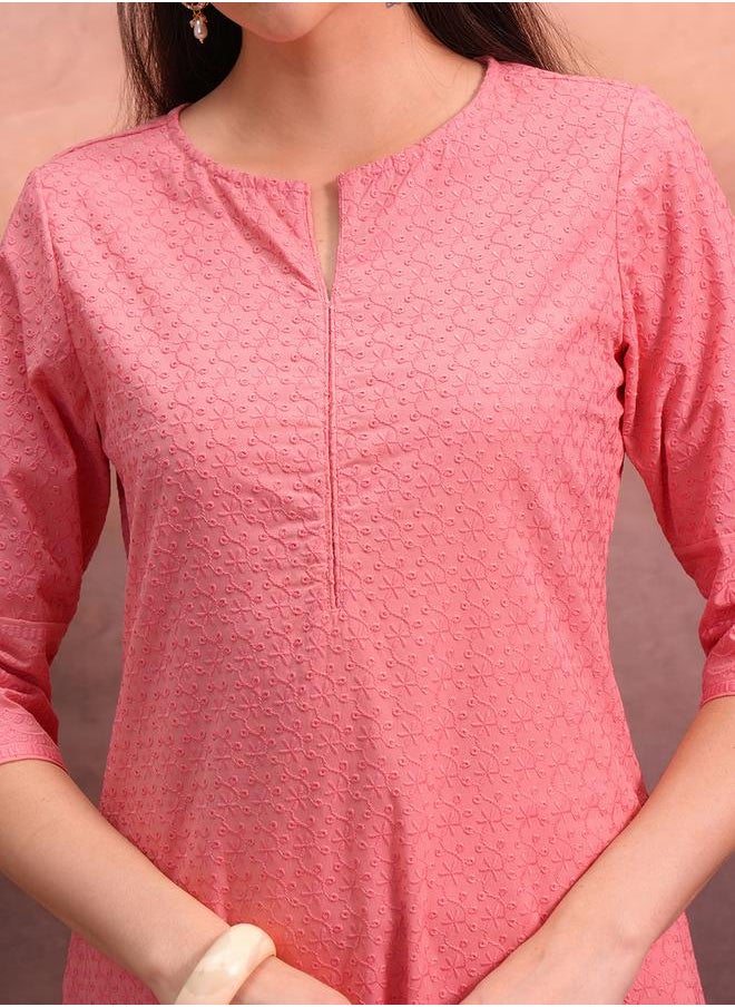 Vishudh Pink Floral Embroidered Straight Kurta by Styli  - Image 5