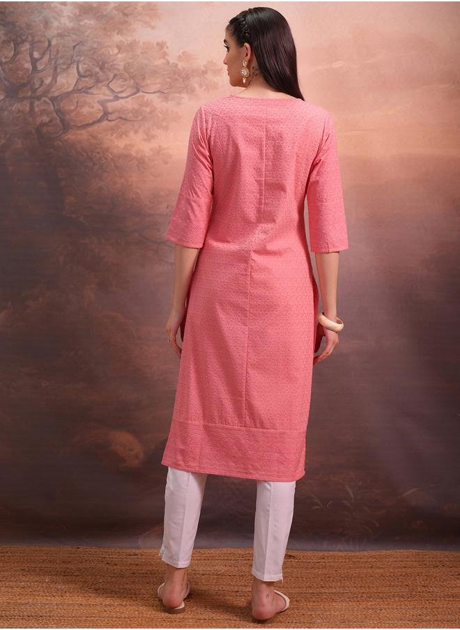 Vishudh Pink Floral Embroidered Straight Kurta by Styli  - Image 3
