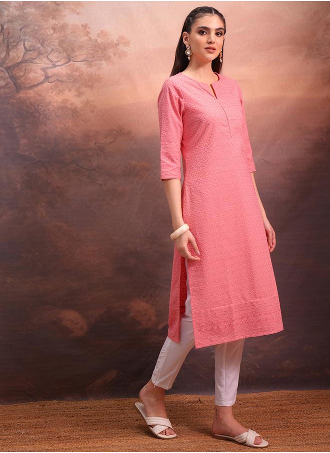 Vishudh Pink Floral Embroidered Straight Kurta by Styli  - Image 4