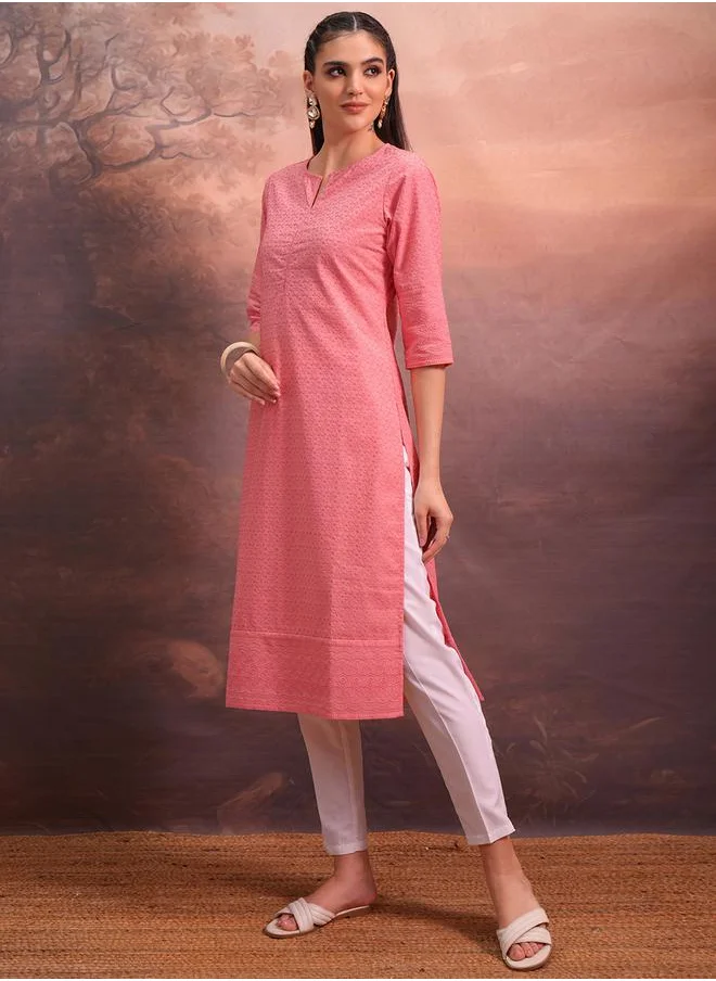 Vishudh Pink Floral Embroidered Straight Kurta by Styli