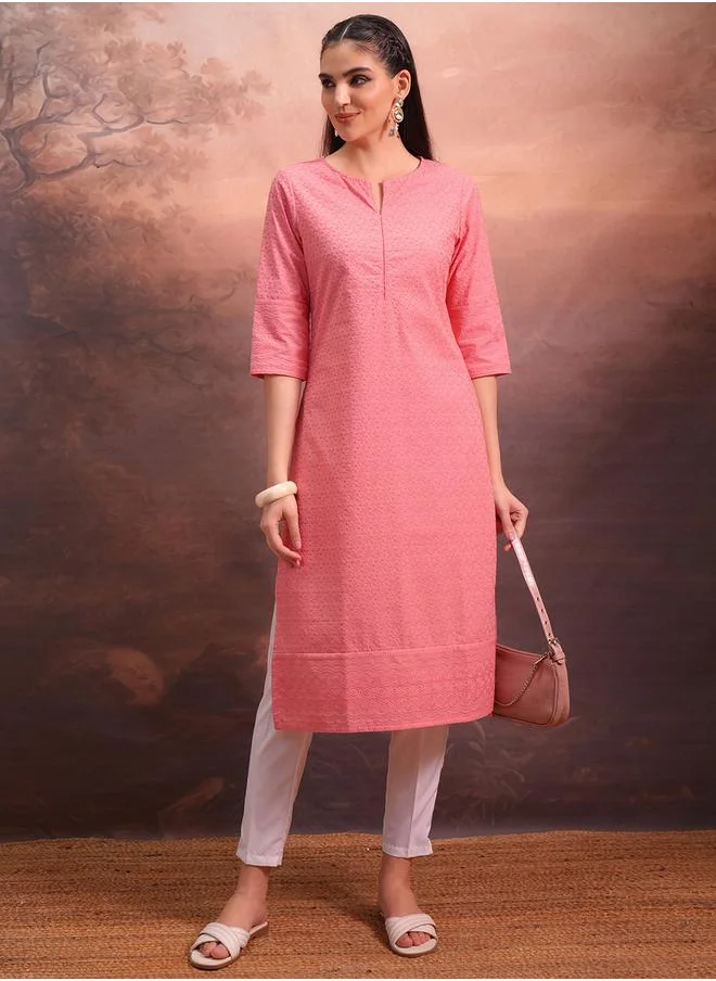 Vishudh Pink Floral Embroidered Straight Kurta by Styli
