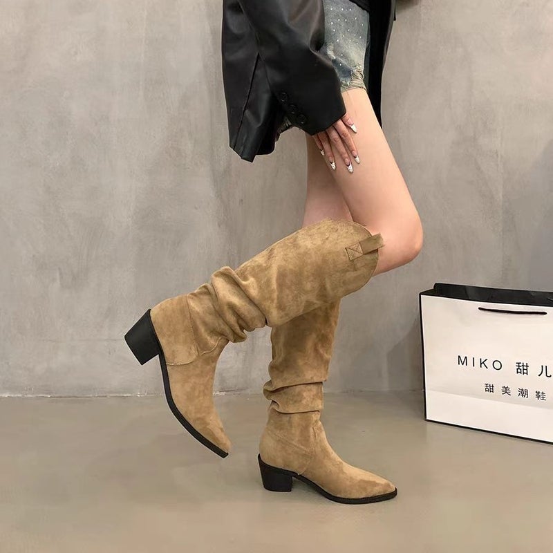 French Retro Brown Heap Boots Western Cowboy Boots High Boots Women Boots Small Khaki Boots - Image 5
