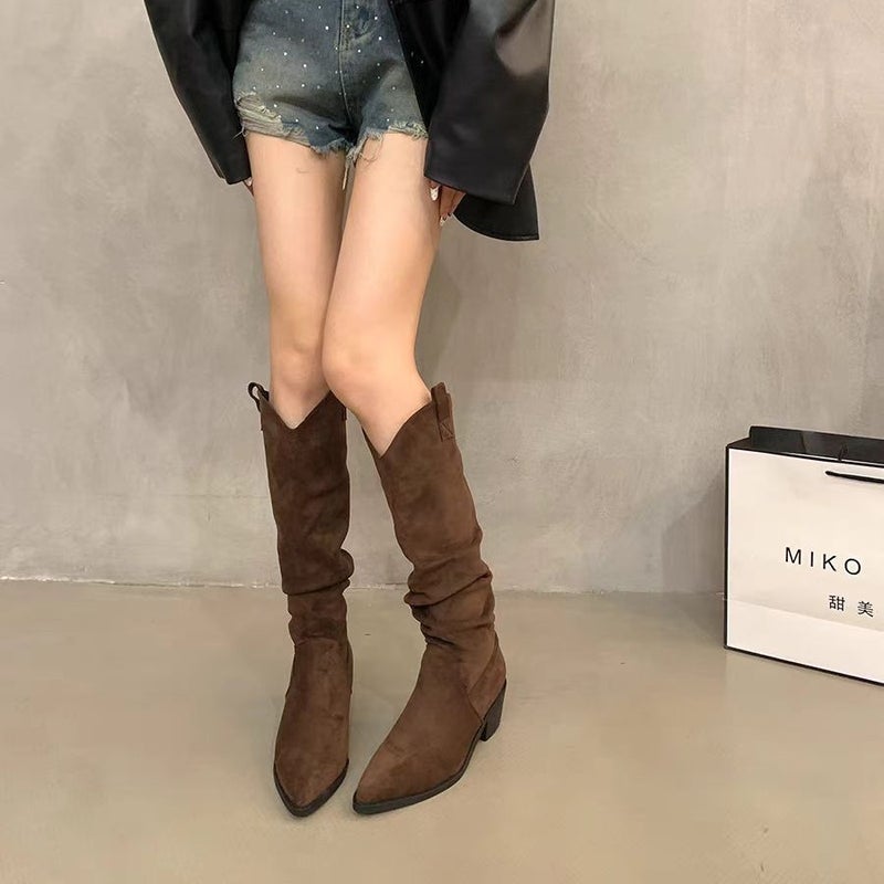French Retro Brown Heap Boots Western Cowboy Boots High Boots Women Boots Small Khaki Boots - Image 4