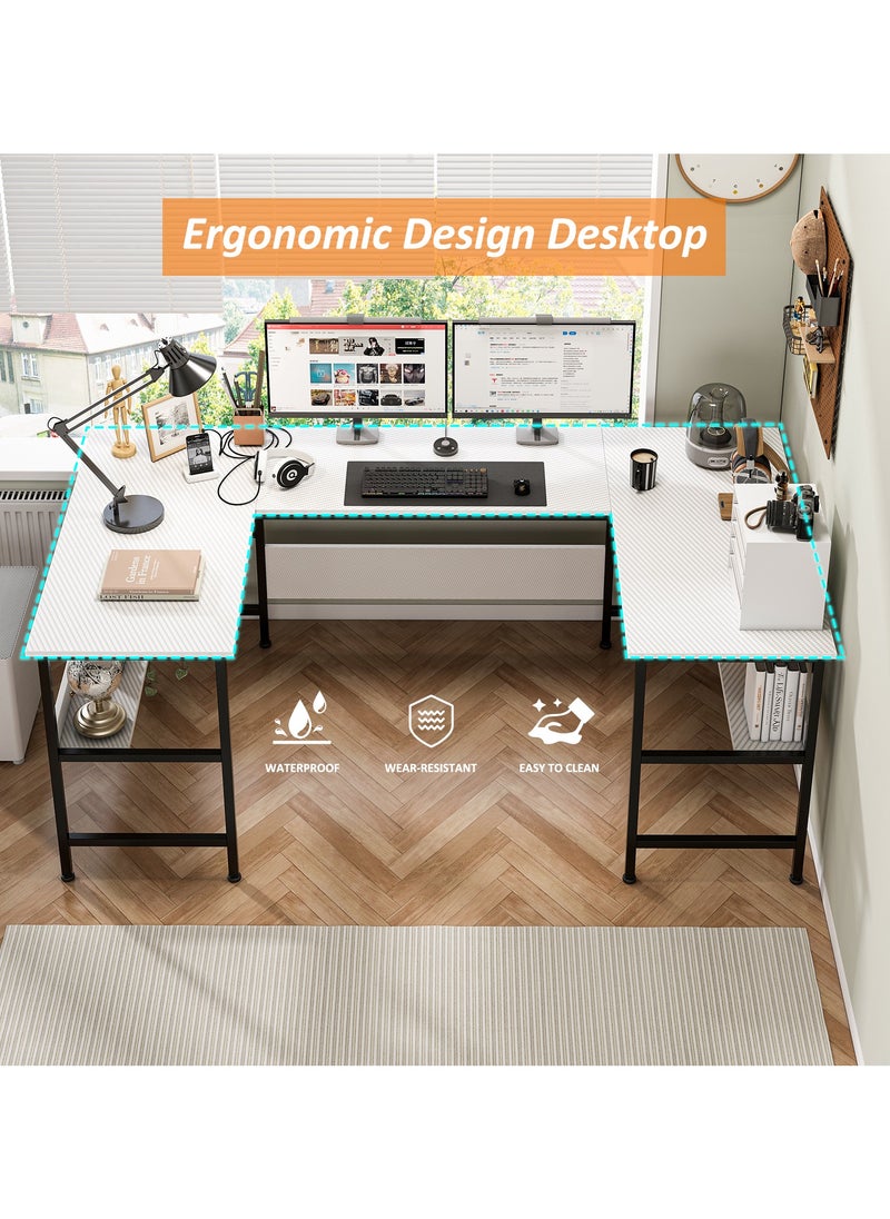 Ergonomic U-Shaped Corner Desk with Bookshelf Layer | Heavy-Duty Multifunctional  Workstation for Home Office & Gaming | Modern Computer Desk  Table, 180x100x75cm, White