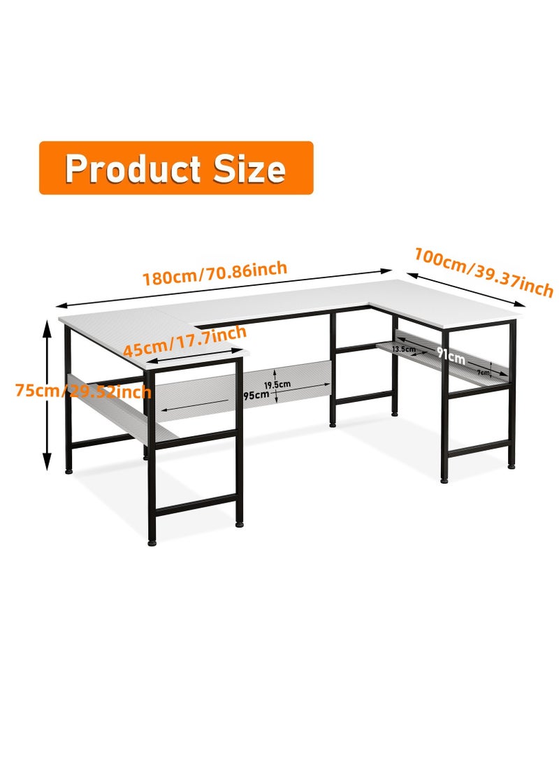 Ergonomic U-Shaped Corner Desk with Bookshelf Layer | Heavy-Duty Multifunctional  Workstation for Home Office & Gaming | Modern Computer Desk  Table, 180x100x75cm, White