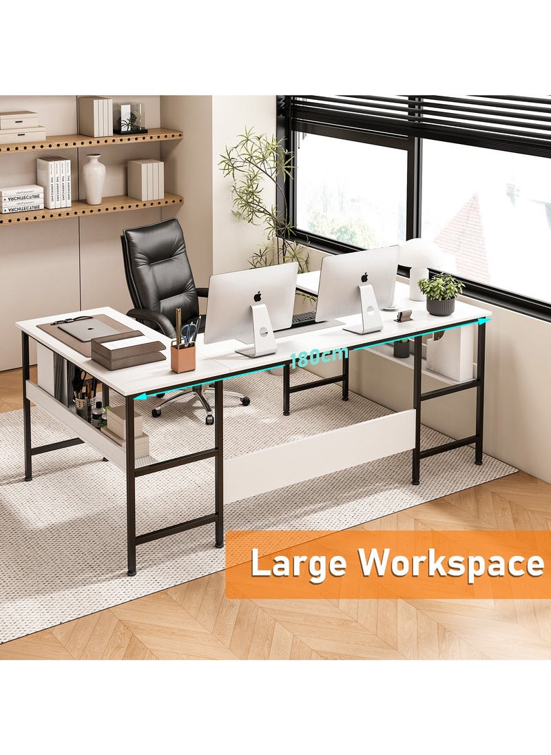 Ergonomic U-Shaped Corner Desk with Bookshelf Layer | Heavy-Duty Multifunctional  Workstation for Home Office & Gaming | Modern Computer Desk  Table, 180x100x75cm, White