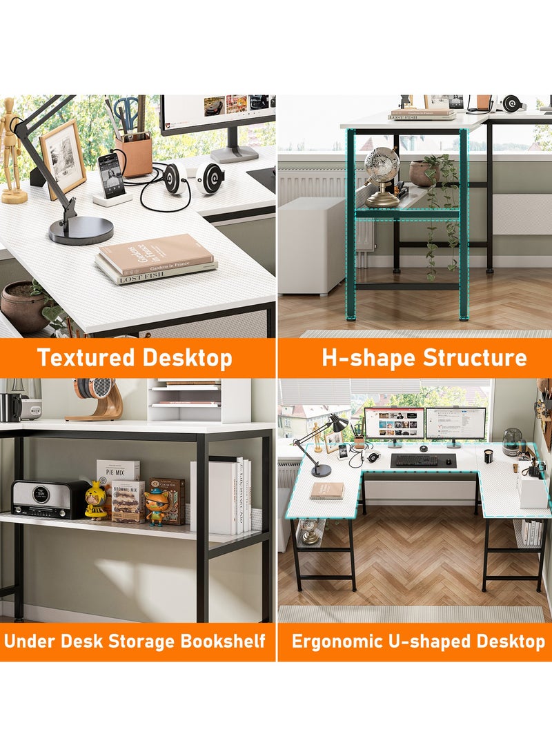 Ergonomic U-Shaped Corner Desk with Bookshelf Layer | Heavy-Duty Multifunctional  Workstation for Home Office & Gaming | Modern Computer Desk  Table, 180x100x75cm, White