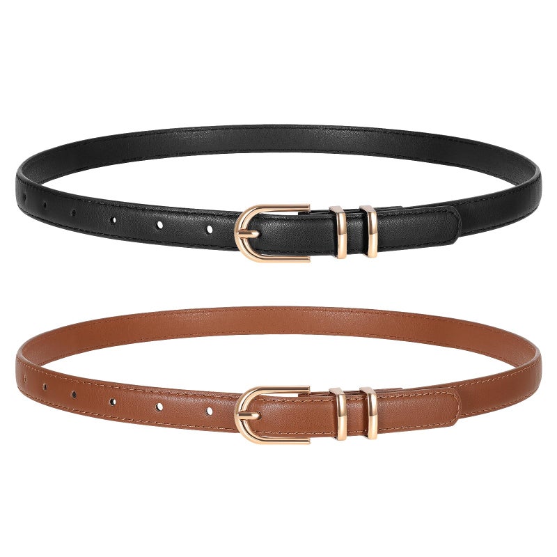 TRIWORKS 2 Pack Women Skinny Leather Belts for Jeans Pants Thin Faux Leather Belt with Gold Buckle - Image 1