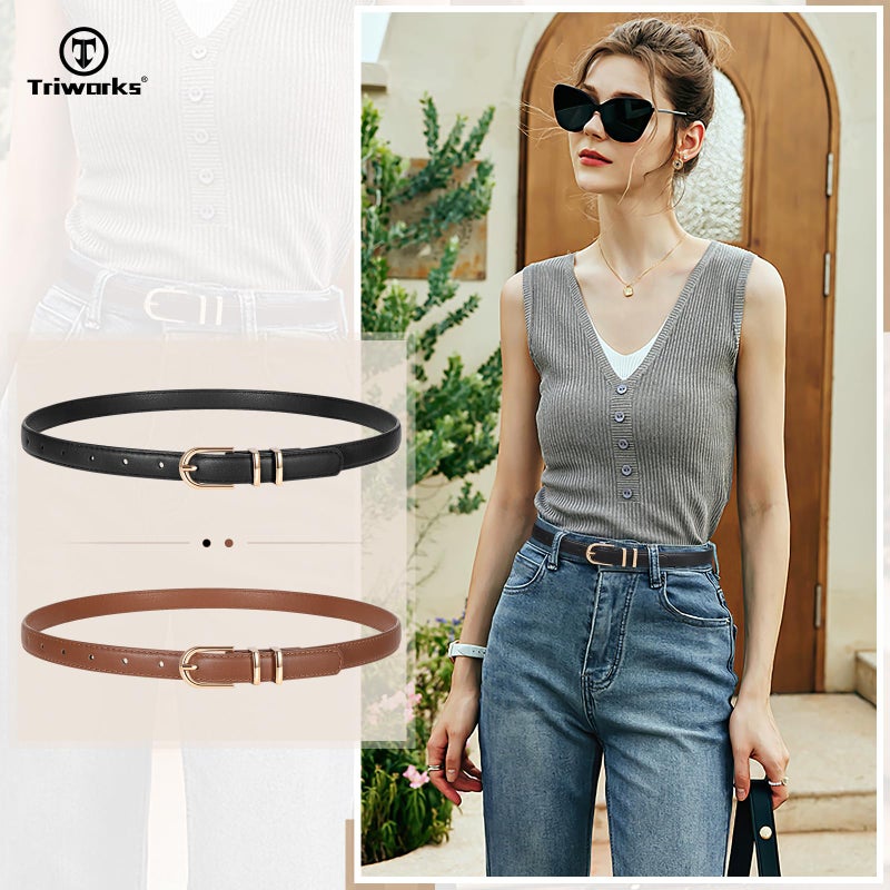 TRIWORKS 2 Pack Women Skinny Leather Belts for Jeans Pants Thin Faux Leather Belt with Gold Buckle - Image 3