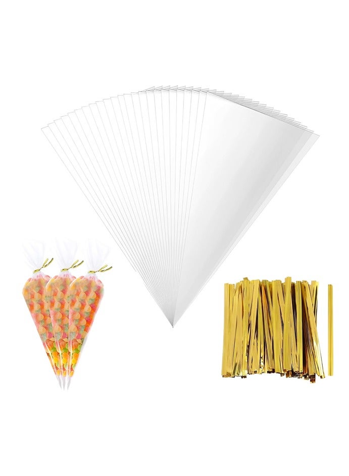 100 Pcs Clear Plastic Cone Shaped Treat Bags with 100 Twist Ties for Party Favor, Gift Wrapping, Packaging Decorations Storage - Image 1
