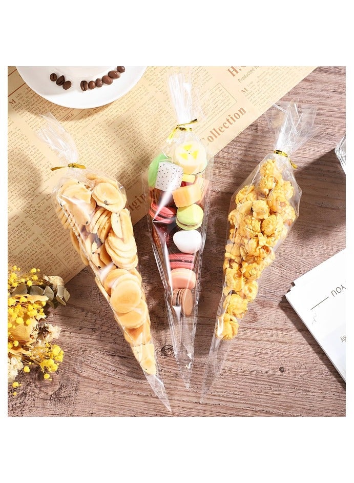 100 Pcs Clear Plastic Cone Shaped Treat Bags with 100 Twist Ties for Party Favor, Gift Wrapping, Packaging Decorations Storage - Image 4