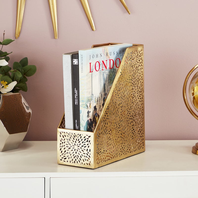 Deco 79 CosmoLiving by Cosmopolitan Metal Single Slot Magazine Holder with Laser Carved Floral Design 5 x 10 x 12 Gold - Image 1