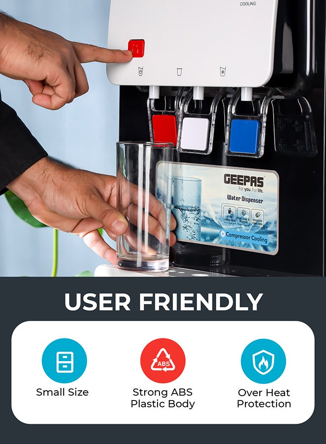 GEEPAS Desktop Water Dispenser – GWD17022 | Hot, Cold & Normal Function | 3 Taps | 5L Hot & 2L Cold Capacity | Stainless Steel Tank | Child Safety Lock | Compressor Cooling | Ideal for Home, Office, School & Apartments GWD17022 White And Black - Image 5