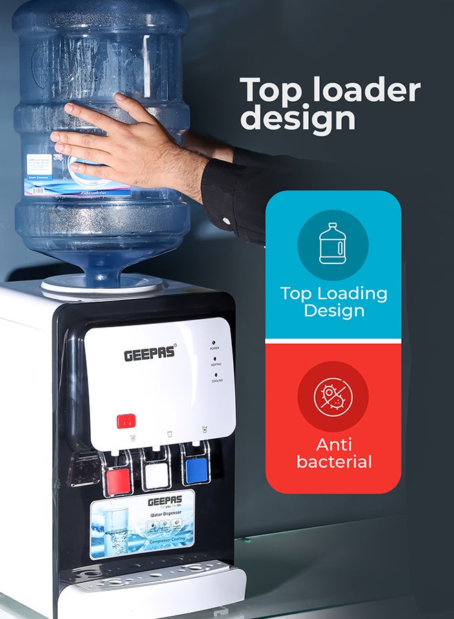 GEEPAS Desktop Water Dispenser – GWD17022 | Hot, Cold & Normal Function | 3 Taps | 5L Hot & 2L Cold Capacity | Stainless Steel Tank | Child Safety Lock | Compressor Cooling | Ideal for Home, Office, School & Apartments GWD17022 White And Black - Image 4