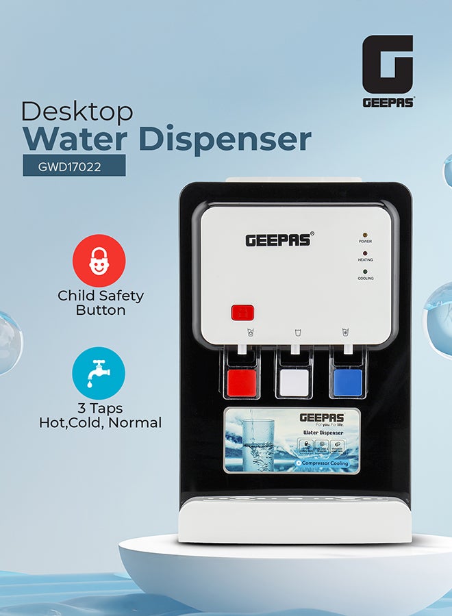 GEEPAS Desktop Water Dispenser – GWD17022 | Hot, Cold & Normal Function | 3 Taps | 5L Hot & 2L Cold Capacity | Stainless Steel Tank | Child Safety Lock | Compressor Cooling | Ideal for Home, Office, School & Apartments GWD17022 White And Black - Image 2