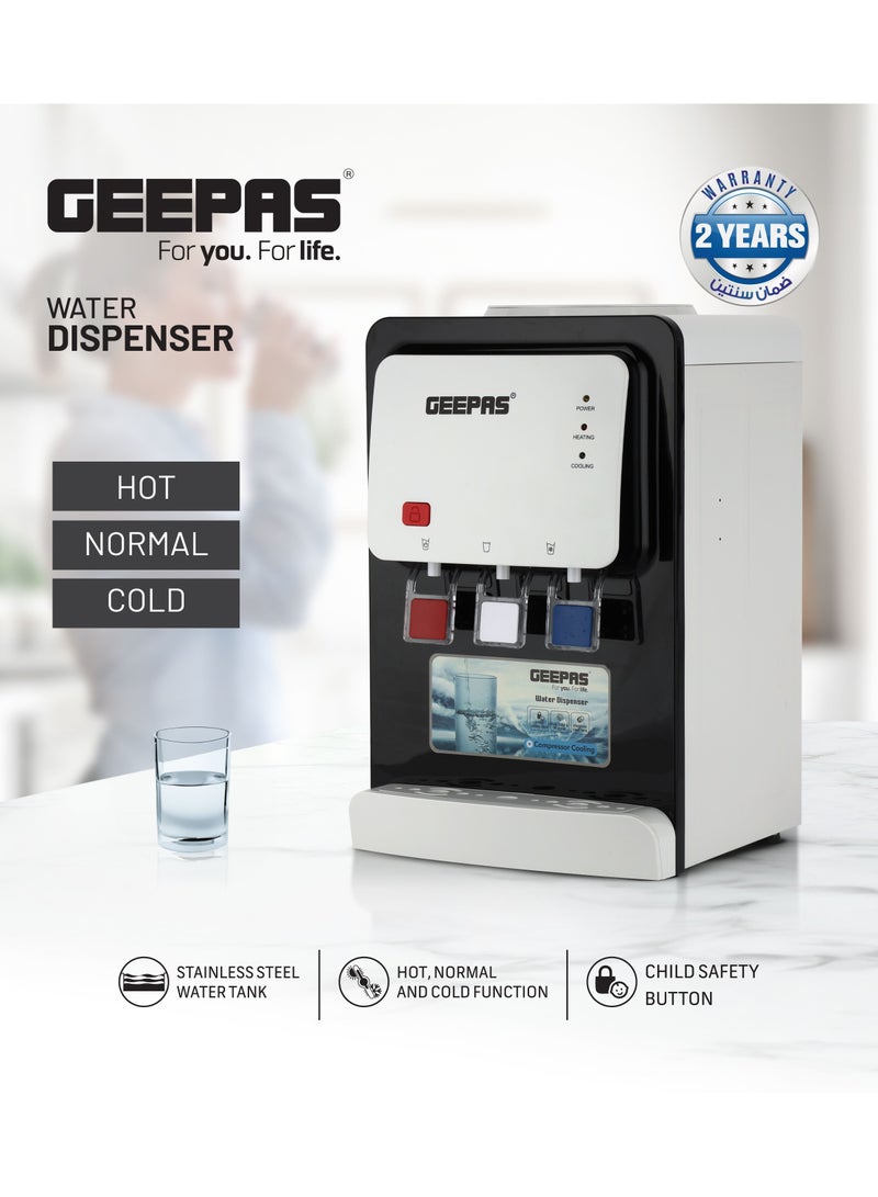 GEEPAS Desktop Water Dispenser – GWD17022 | Hot, Cold & Normal Function | 3 Taps | 5L Hot & 2L Cold Capacity | Stainless Steel Tank | Child Safety Lock | Compressor Cooling | Ideal for Home, Office, School & Apartments GWD17022 White And Black - Image 1