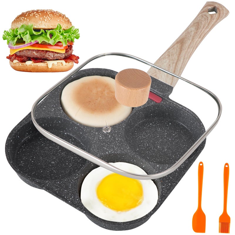 AHFLRTO 4 Cup Egg Pans Nonstick Aluminum Omelette Pan with Lid Healthy Egg Skillet for Eggs Pancakes Crepes Sandwiches Compatible with Gas Stove  Induction Cooktop