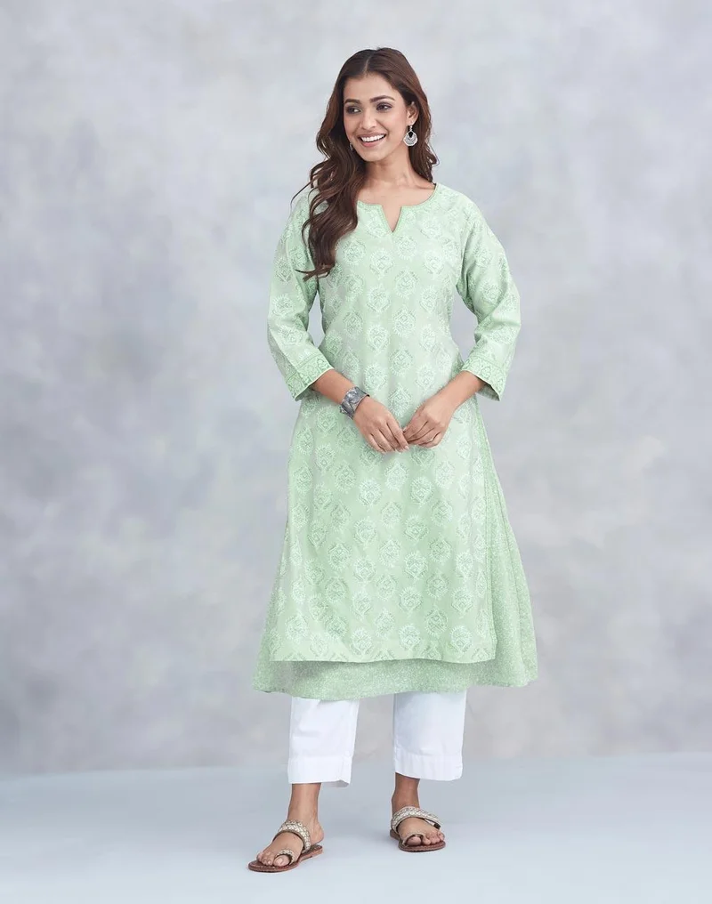 Fabindia Green Cotton Silk Long Kurta