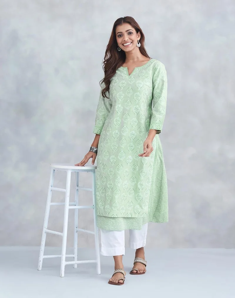 Fabindia Green Cotton Silk Long Kurta