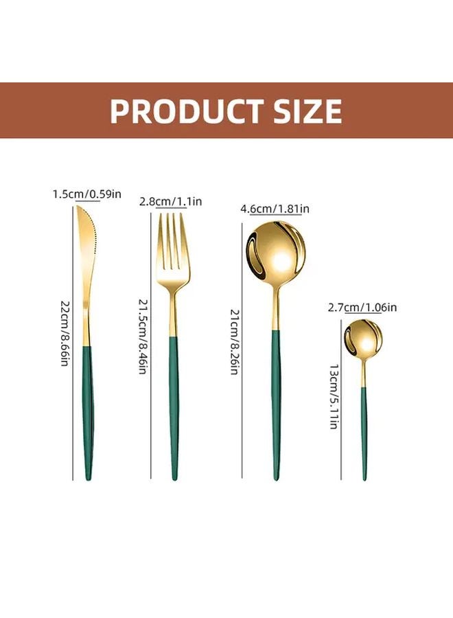 Golden Green Handle 4 Piece Stainless Steel Cutlery Set Knife Fork Coffee Spoon Teaspoon - Image 3