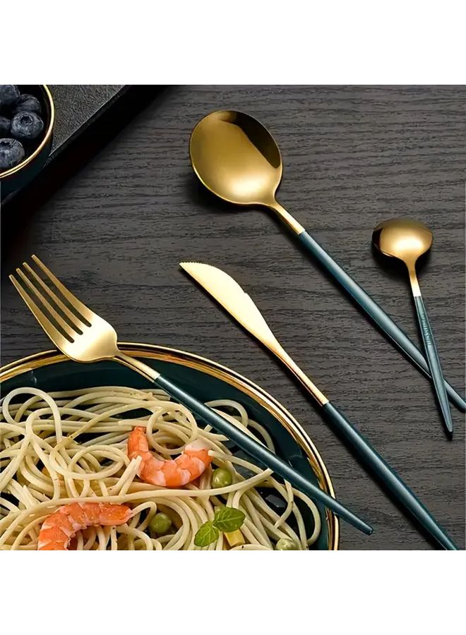 Golden Green Handle 4 Piece Stainless Steel Cutlery Set Knife Fork Coffee Spoon Teaspoon - Image 5
