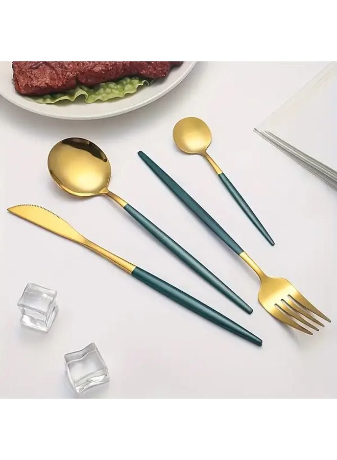Golden Green Handle 4 Piece Stainless Steel Cutlery Set Knife Fork Coffee Spoon Teaspoon - Image 1