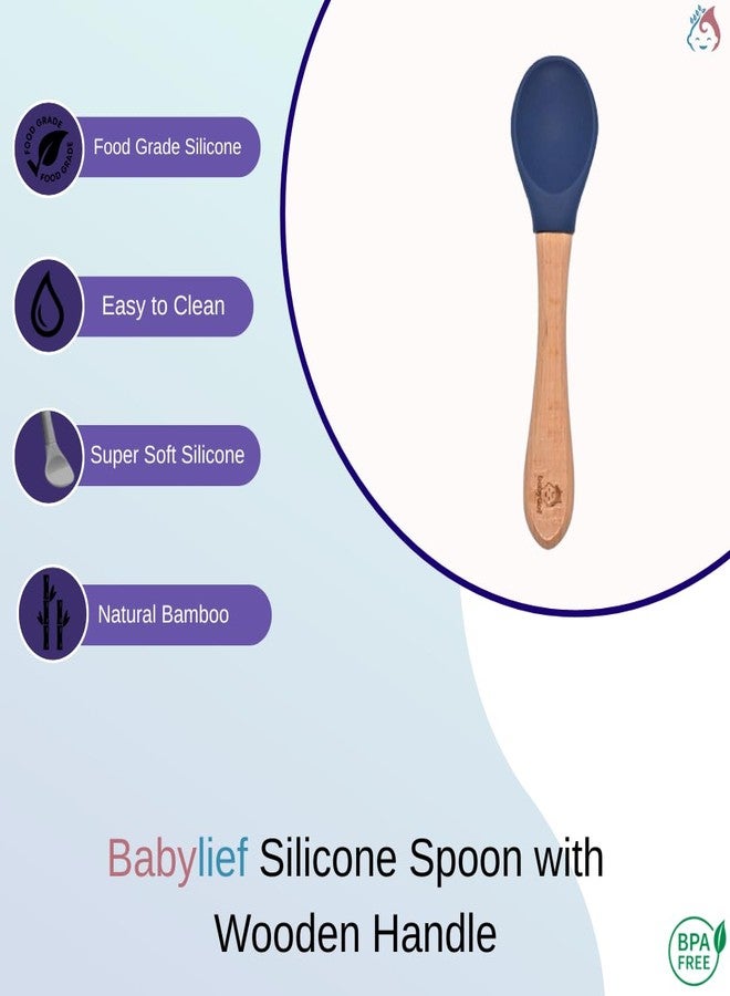 Babylief Bear-Shaped Silicone Divided Plate with Matching Wooden Handle Silicone Spoons Combo (Navy) - Image 3