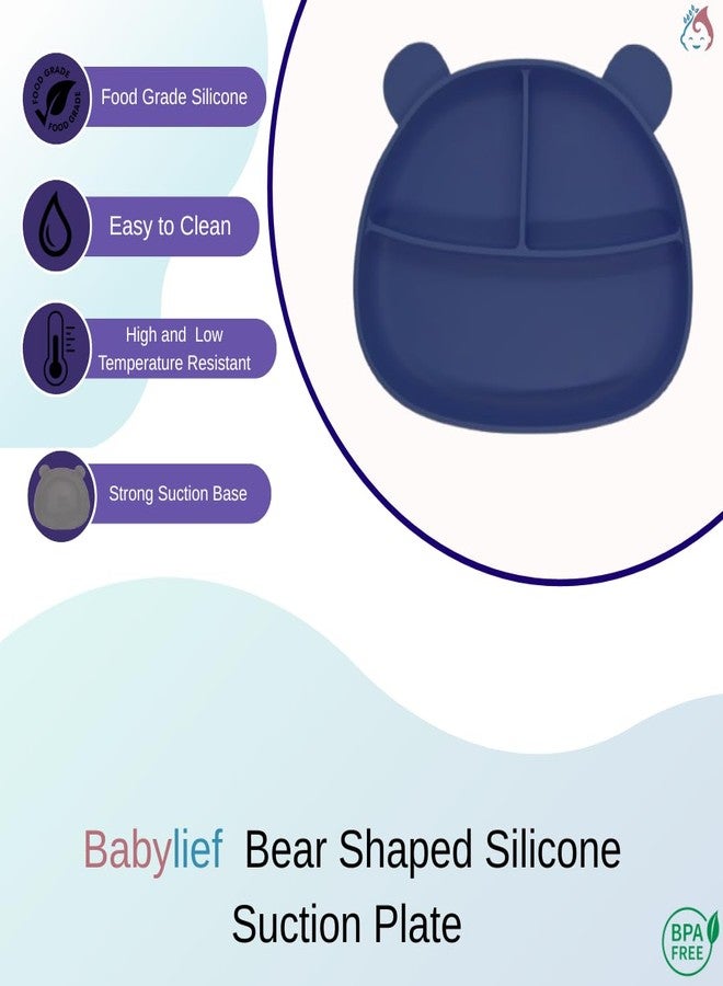 Babylief Bear-Shaped Silicone Divided Plate with Matching Wooden Handle Silicone Spoons Combo (Navy) - Image 2