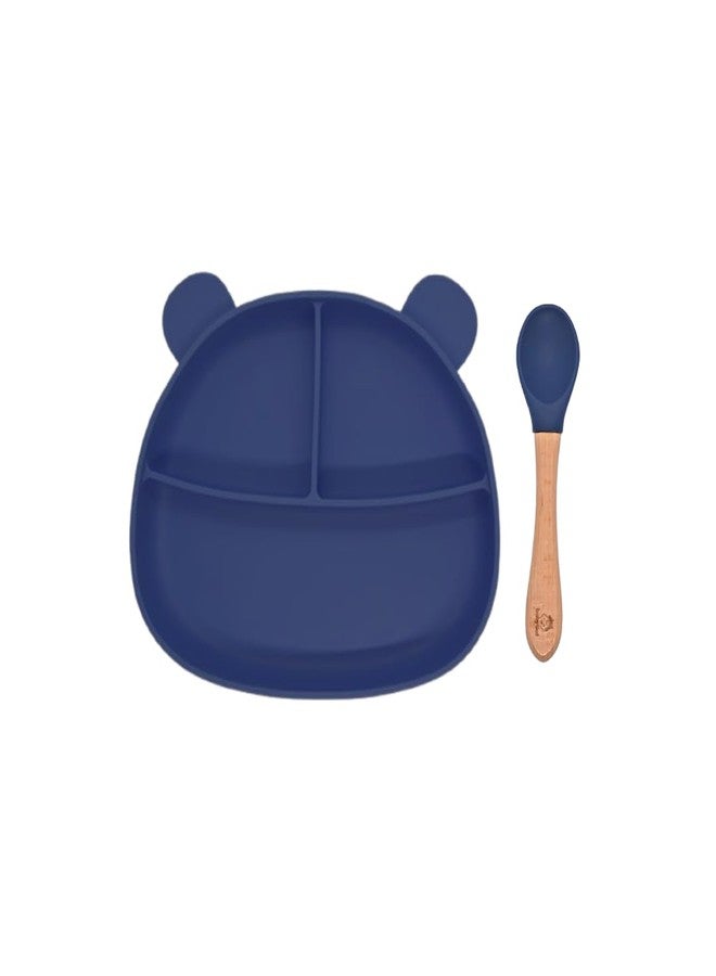 Babylief Bear-Shaped Silicone Divided Plate with Matching Wooden Handle Silicone Spoons Combo (Navy) - Image 1