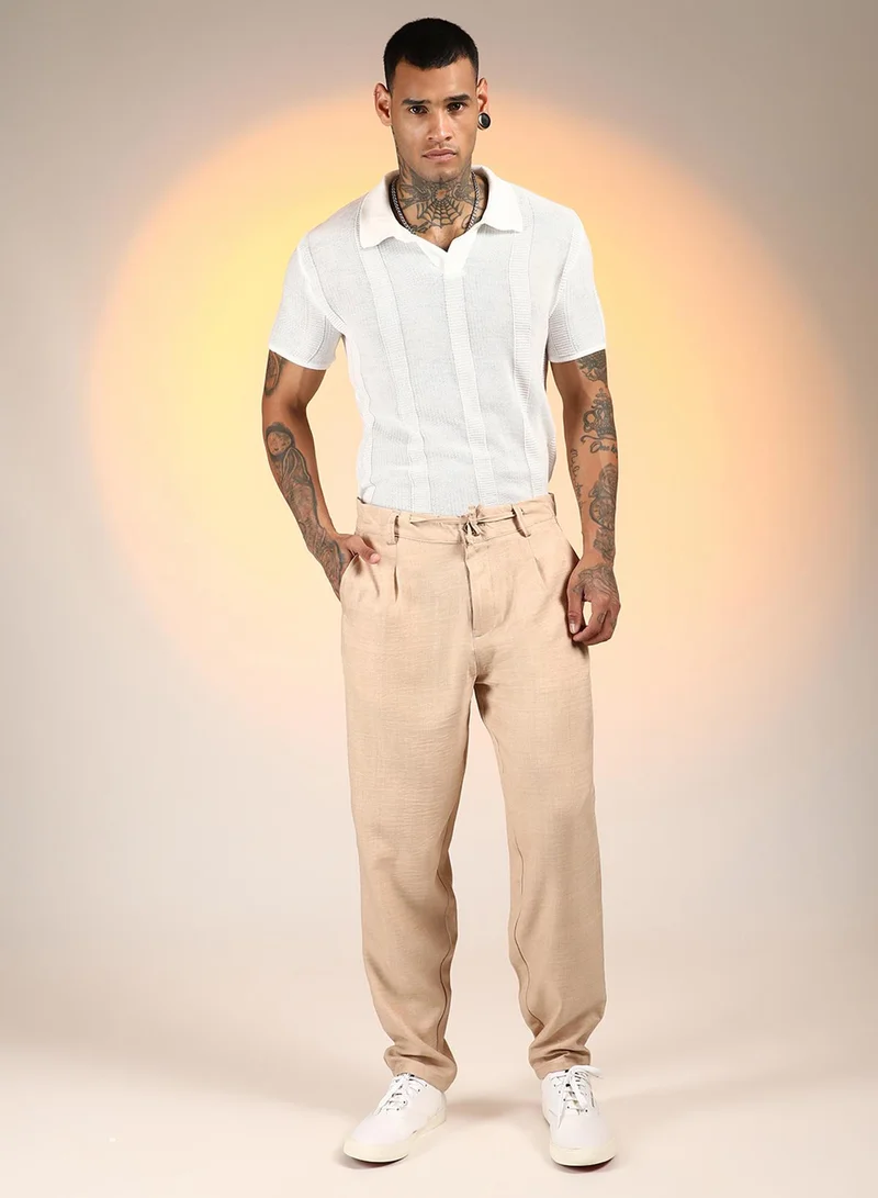 Campus Sutra Men's Saltbox Beige Solid Pleated Trousers