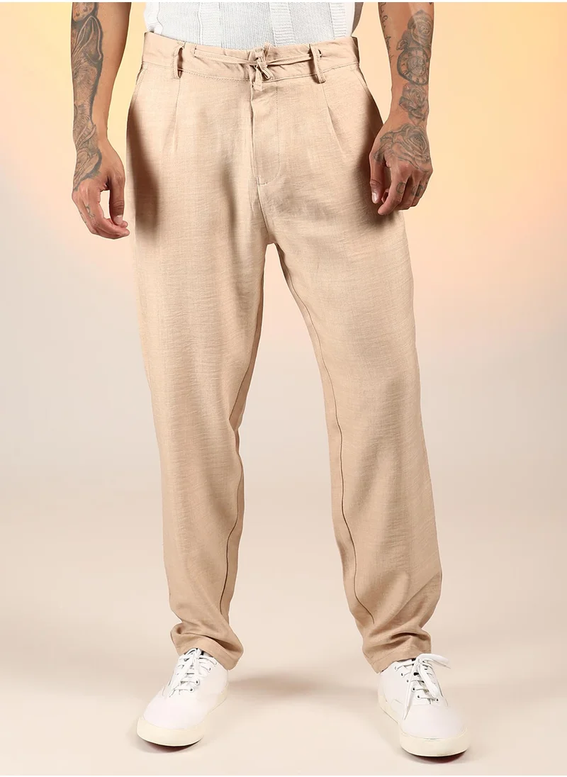كامبوس سوترا Men's Saltbox Beige Solid Pleated Trousers