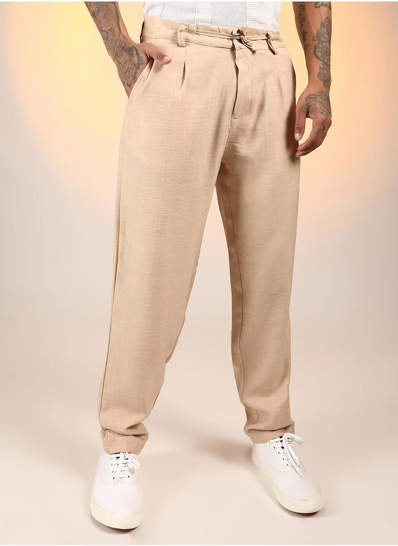 كامبوس سوترا Men's Saltbox Beige Solid Pleated Trousers