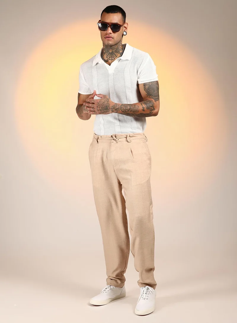 Campus Sutra Men's Saltbox Beige Solid Pleated Trousers