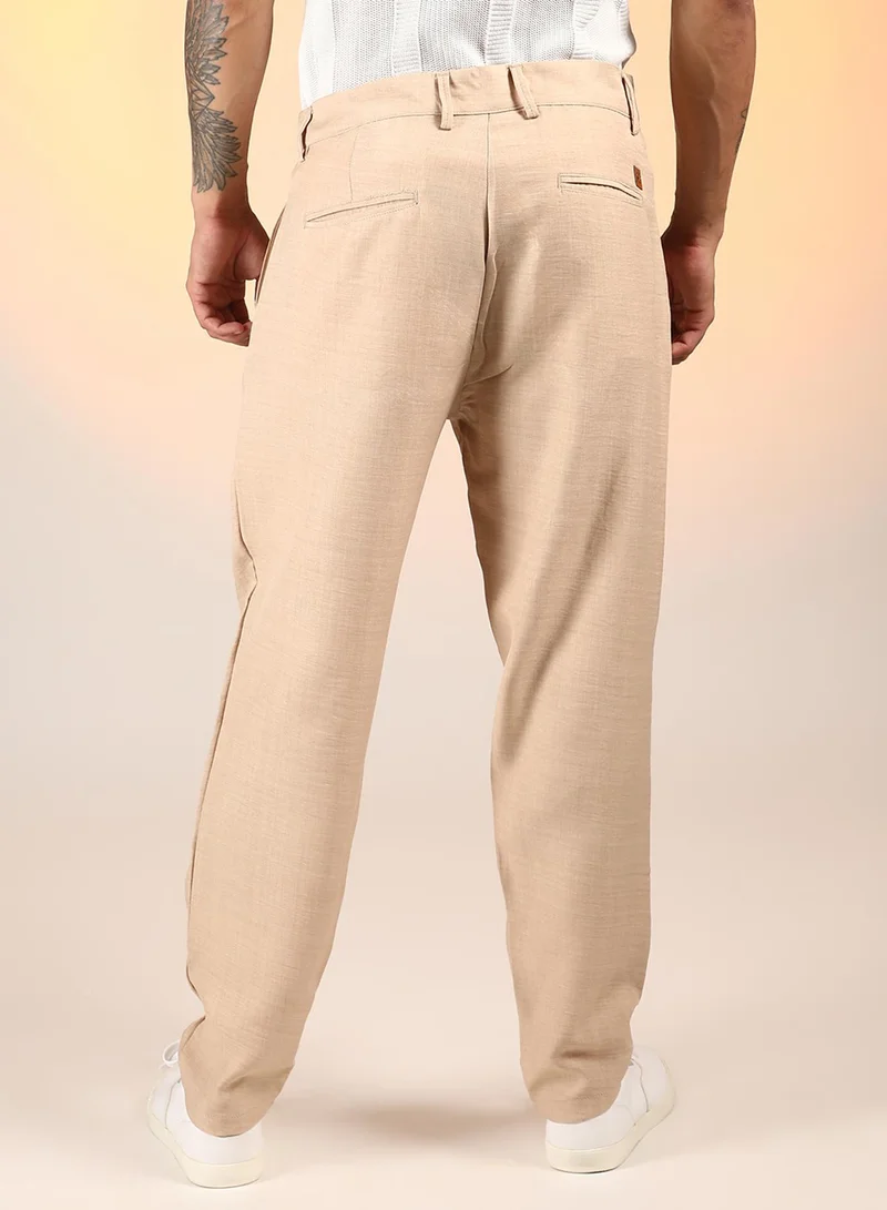 Campus Sutra Men's Saltbox Beige Solid Pleated Trousers