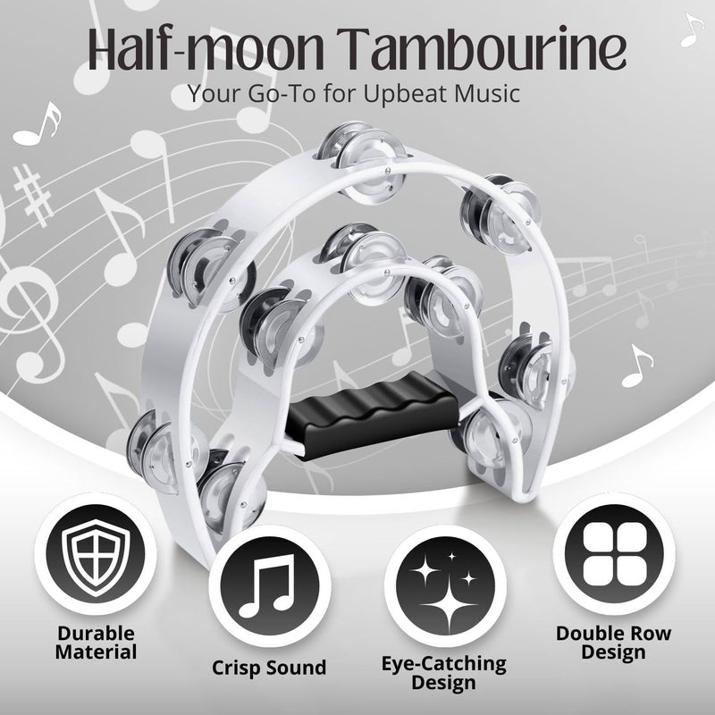 Flexzion Half Moon Musical Tambourine (2 Pack, White) with Ergonomic Handle Grip - Image 2